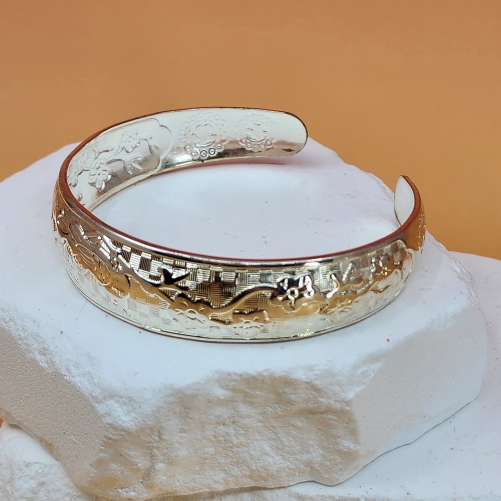 Silver Tone Asian Crane Floral Cuff Bracelet Engraved Vintage Statement Jewelry